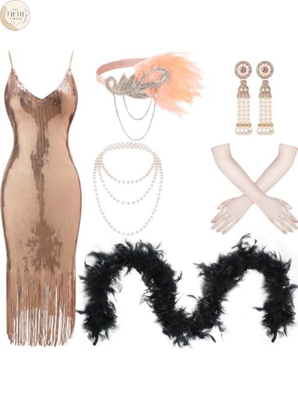 7 Pc 1920s Flapper Sequin Dress Costume Set with Boa Gloves